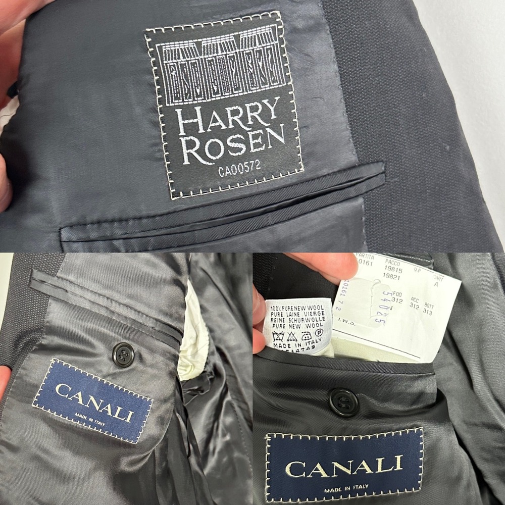 Canali Mens Suit Sz 44R Wool 3-Button Blazer Pleated Cuffed Trousers Black Italy - Picture 6 of 16